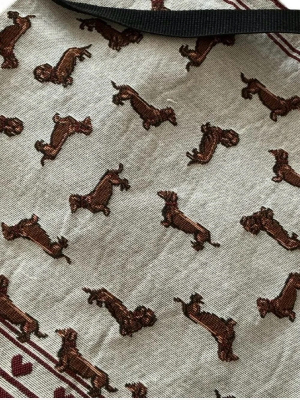 Knitted cotton Dachshund Print Tote Bag in Cream and Brown